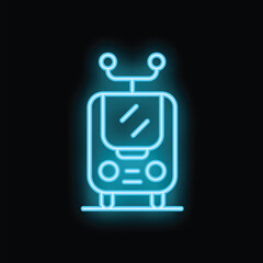Blue neon icon of a modern tram driving forward, isolated on a black background