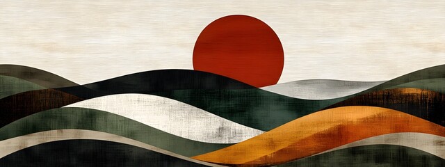 A hand-drawn illustration of the sun setting over rolling hills
