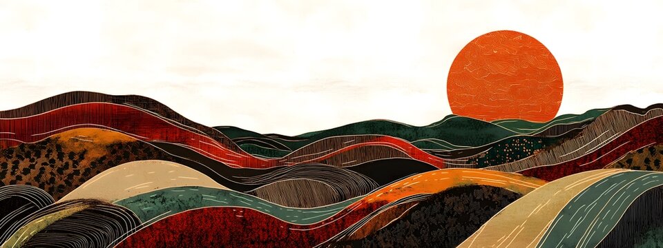 A hand-drawn illustration of the sun setting over rolling hills

