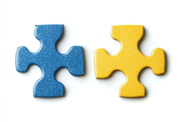 Obraz premium Photo of yellow and blue puzzle pieces on a white background, depicting a tangent line between them. The concept is classroom education with a focus on intelligence symbolized by geometric shapes