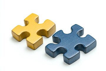 Fototapeta premium Photo of yellow and blue puzzle pieces on a white background, depicting a tangent line between them. The concept is classroom education with a focus on intelligence symbolized by geometric shapes