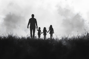 A minimalistic silhouette of a family walking together, holding hands