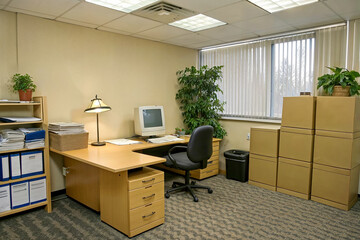 Ordinary office workspace from the early 2000s with functional furniture and nostalgic decor