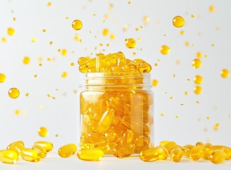 Photo of yellow soft gels with fish oil on a white background, open plastic jar full of scattered golden glow spheres, high-resolution photography, high-quality photo, stock photograph,