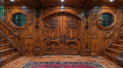 Obraz premium Elegant Wooden Entryway With Double Doors And Staircases