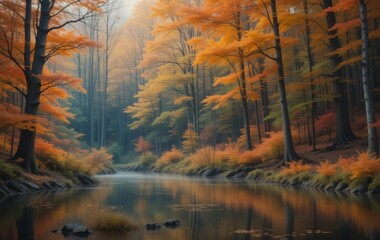 Obraz premium A scenic view of a forest with colorful autumn trees and a lake in the background