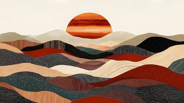 A hand-drawn illustration of the sun setting over rolling hills
