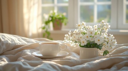 Serene morning scene with a cup of coffee and a vase of flowers on a cozy bed by a sunny window