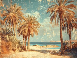 Idyllic beach palm trees oasis vintage travel poster