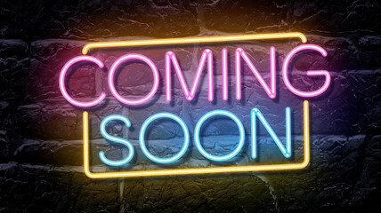 Obraz premium Glowing Neon 'COMING SOON' Sign in Pink-to-Blue Gradient, Bright Illuminated Text, Dark Textured Stone-Like Background, High-Contrast Vibrant Lighting, Futuristic Announcement Concept, High-Resolution