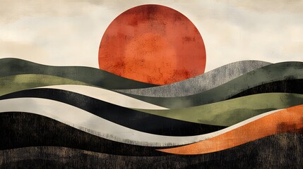 Obraz premium A hand-drawn illustration of the sun setting over rolling hills 