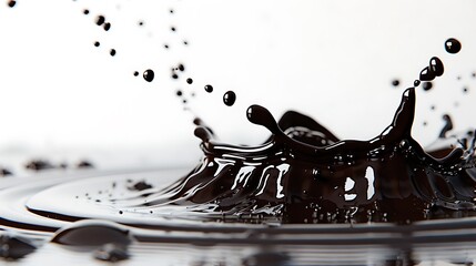 A bold splash of dark chocolate syrup, droplets captured in a dramatic arc against a pure white surface.