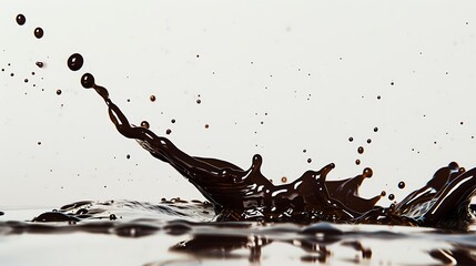 A bold splash of dark chocolate syrup, droplets captured in a dramatic arc against a pure white surface.