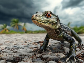 Fototapeta premium A close-up of a lizard on a rocky surface, set against a dramatic sky with storm clouds and palm trees in the background.
