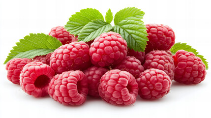 Fresh red raspberries and green leaves on white background for food styling, summer recipes, and healthy lifestyle concepts