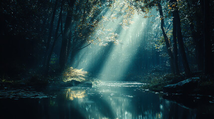 Obraz premium Tranquil forest setting with sunlight beams illuminating a serene water surface during the early morning hours