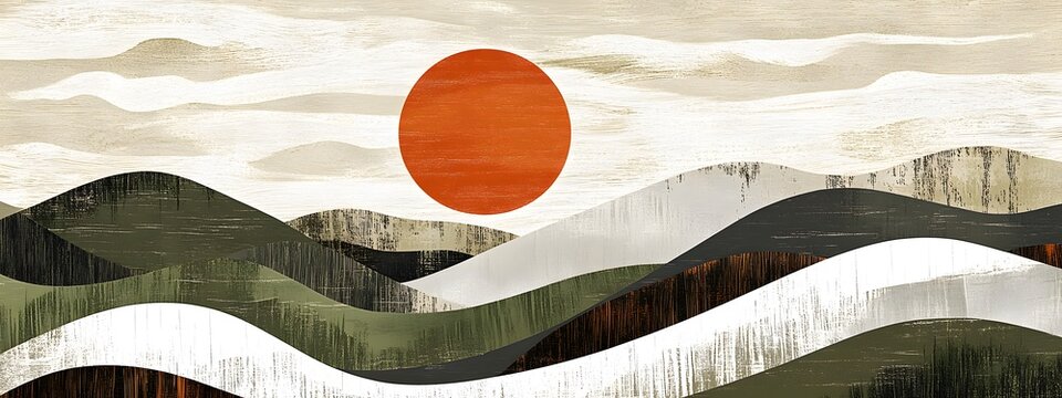 A hand-drawn illustration of the sun setting over rolling hills
