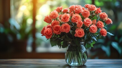 A vibrant bouquet of coral roses in a glass vase on a wooden table, with soft sunlight filtering through
