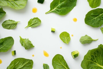 Obraz premium A modern depiction of deconstructed mustard greens in a vibrant, abstract art style. This food-inspired illustration blends bold colors and minimalistic design for a fresh, creative aesthetic.