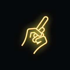 Neon sign of a hand holding a small, thin object, illuminated against a black background