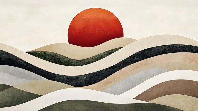 A hand-drawn illustration of the sun setting over rolling hills
