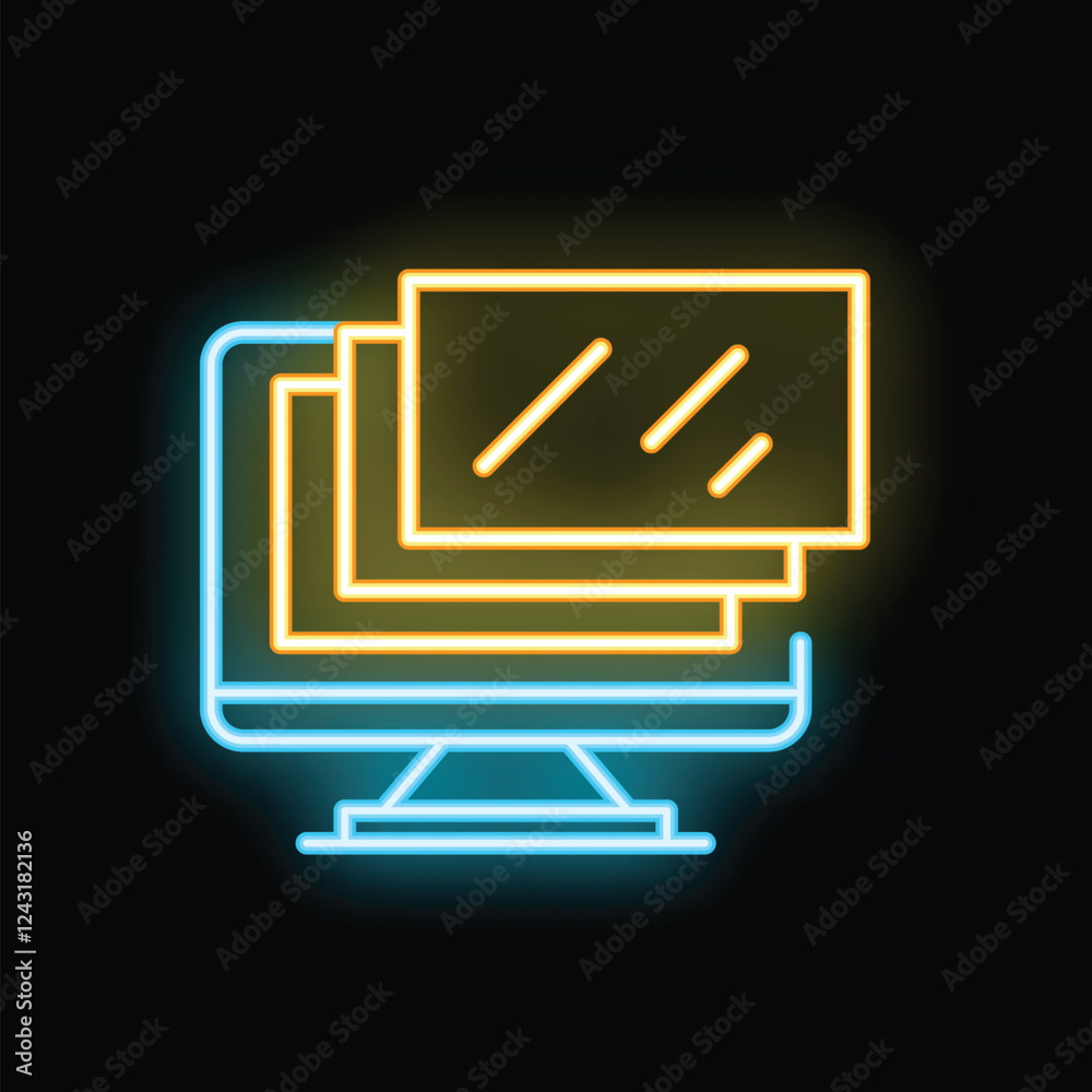 Poster Neon icon of a computer displaying multiple windows, symbolizing the concept of multitasking