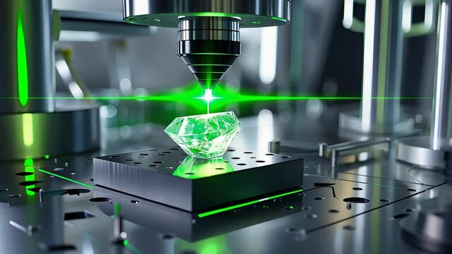 High-precision laser cutting a diamond on an advanced industrial machine in a futuristic technology laboratory

