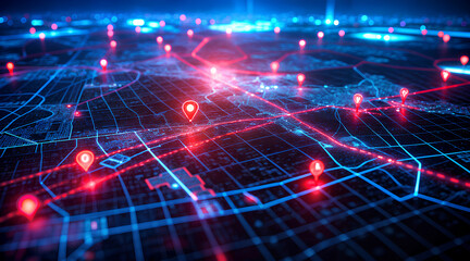 Digital Map with Red Location Markers Representing GPS Navigation and Connectivity