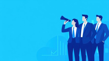 Obraz premium Three business professionals stand confidently, with one using a megaphone, set against a bright blue backdrop, symbolizing communication and leadership.