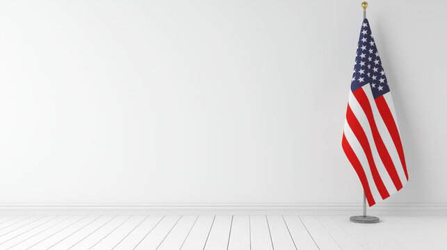 American flag displayed on a minimalist white wall and floor.