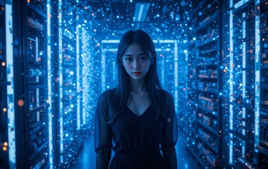 A woman standing in a dark room with glowing particles surrounding her