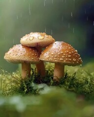 Fototapeta premium Discover the Enchanting World of Mushrooms on Lush Moss: A Macro Exploration of Nature's Beauty