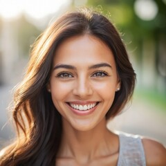 Obraz premium A soft-lit outdoor portrait of a woman with long, flowing hair, exuding beauty and confidence. Ideal for lifestyle and beauty imagery. 