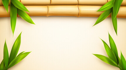Bamboo stalks and vibrant green leaves frame a creamy background.
