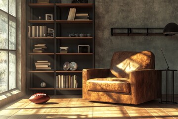 Sunlit leather armchair in loft, bookshelves, football