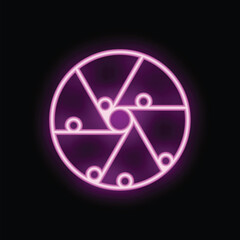 Neon pink camera shutter is glowing on a black background