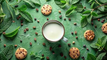 Aromatic Coffee Beans, Refreshing Mint Leaves, and Sweet Chocolate Chip Cookies Surround a Cup of Creamy Milk on a Green Surface © Kukar Studio