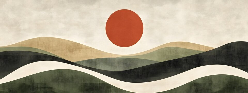 A hand-drawn illustration of the sun setting over rolling hills
