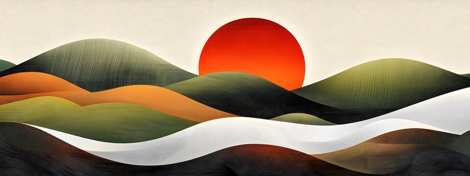 A hand-drawn illustration of the sun setting over rolling hills
