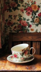 Fototapeta premium Floral teacup on wooden table, a moment of tranquility.