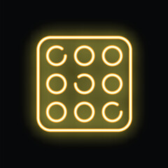 Bright glowing neon yellow illustration of a blister pack of pills, isolated on a black background, ideal for health related designs