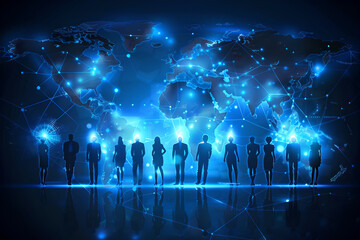 Global connectivity, technology and online networks drive business and communication. Social network. Digital landscape enables interaction and worldwide connection. Silhouette people