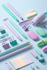 Stationery background with pastel-colored stationery neatly arranged on a light blue background. Back to school concept.