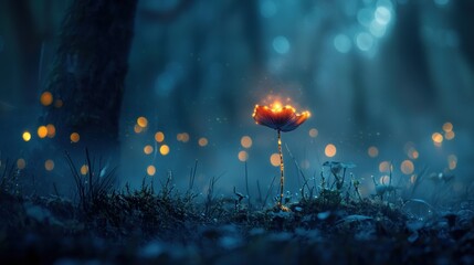 A Stunning Flower Blooming Vividly Amidst the Lush Green Forest Floor Surrounded by Moss and Mushrooms