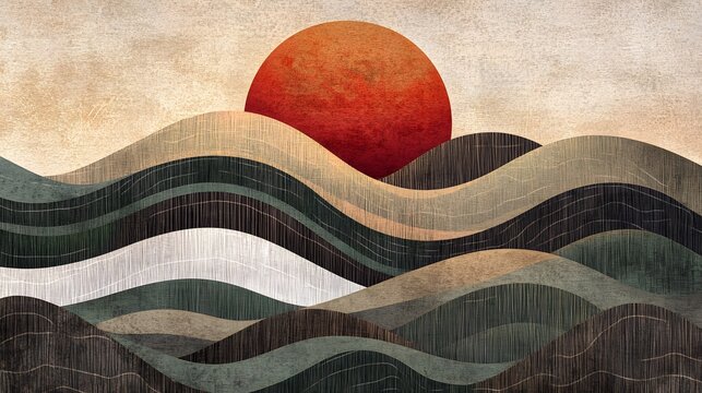 A hand-drawn illustration of the sun setting over rolling hills
