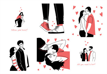 Happy love couples set. Men and women kissing, hugging, and cuddling. Diverse people in romantic relationships