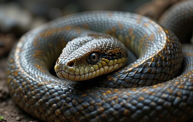 Fototapeta premium A cartoon snake with a mischievous expression on its face, coiled up and ready to strike.