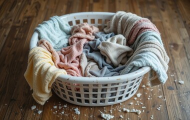 A laundry basket filled with clothes and placed on the floor