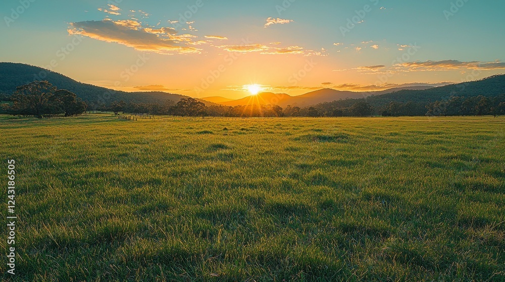 Poster dusk settles over a serene countryside, as the sun dips behind distant mountains, casting a warm glo