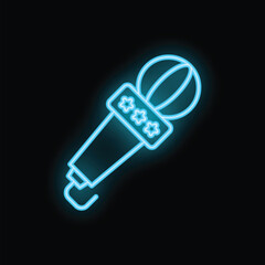 Blue neon microphone shining on black background representing concepts such as music, singing and entertainment